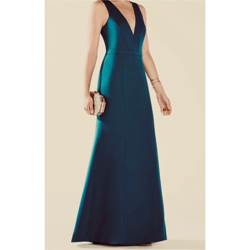New BCBG Max Azria Riva Dark Teal Satin V Neck Cutout Back Formal Gown Size 0